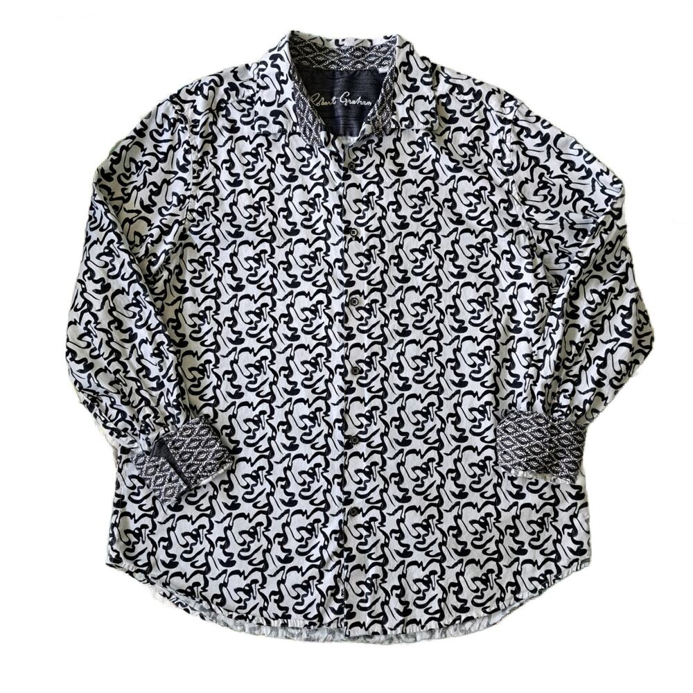 ROBERT GRAHAM Shirt Men XL White Black Graphic Abstract Print Long Sleeve Cotton
